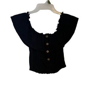 LOVE TREE Womens Crop Top Off the Shoulder Layered Ruffle Stretch Blue